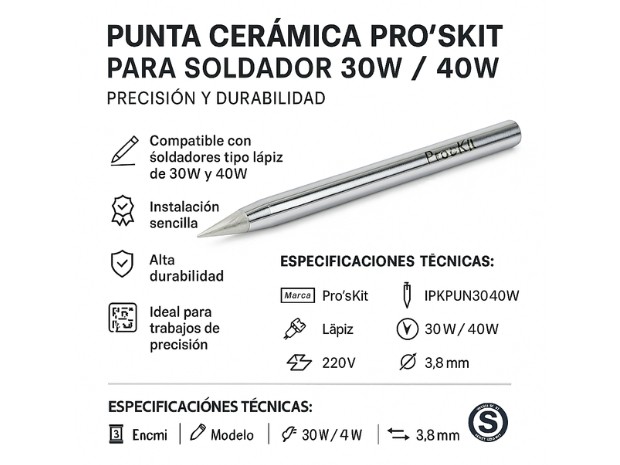 &u+ PUNTA CERAMICA 30/40W SOLDADOR PROSKIT (IPKPUN3040W)